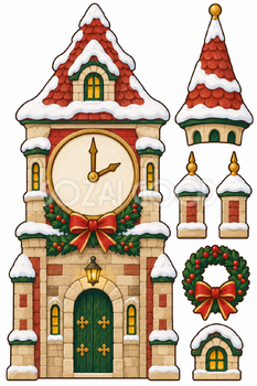 冬の時計塔｜クリスマス壁面飾りの無料イラスト素材 111858