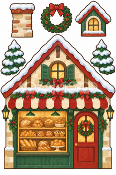 冬のパン屋さん｜クリスマス壁面飾りの無料イラスト素材 111862