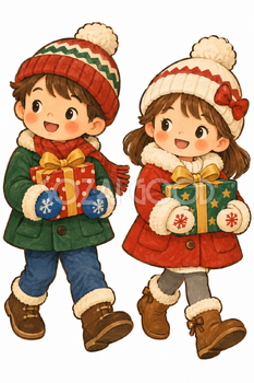 街を歩く子どもたち｜クリスマス壁面飾りの無料イラスト素材 111869
