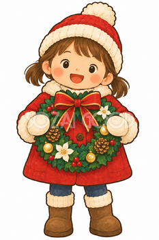 リースを持つ子ども｜クリスマス壁面飾りの無料イラスト素材 111893