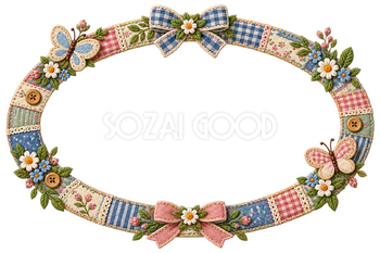 草花と小さなちょうのパッチワーク枠｜ステッチフレームの無料イラスト素材 111958