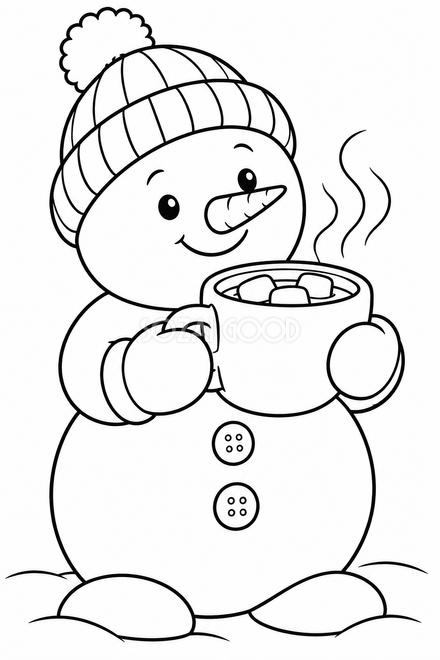 ココアを運ぶ雪だるまの塗り絵 ココアを運ぶ雪だるまの塗り絵