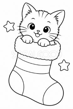 靴下に入った子猫｜クリスマス塗り絵の無料イラスト素材 112006
