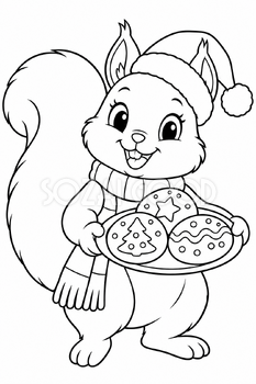 クッキーを運ぶリス｜クリスマス塗り絵の無料イラスト素材 112009