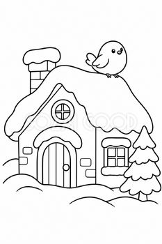 雪のおうちと小鳥｜クリスマス塗り絵の無料イラスト素材 112011