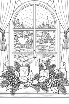 冬の窓辺とキャンドル｜クリスマス塗り絵の無料イラスト素材 112016
