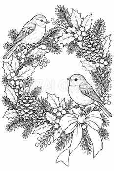 森の小鳥とリース｜クリスマス塗り絵の無料イラスト素材 112017
