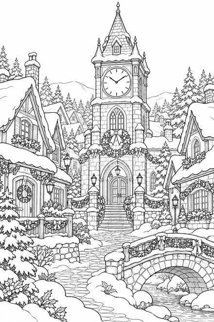 雪の街の時計塔の塗り絵 雪の街の時計塔の塗り絵