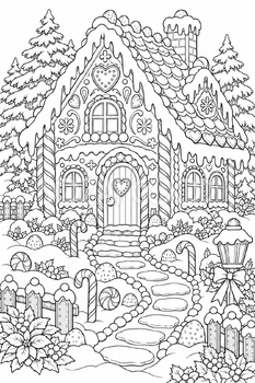 お菓子の家と冬の庭｜クリスマス塗り絵の無料イラスト素材 112021