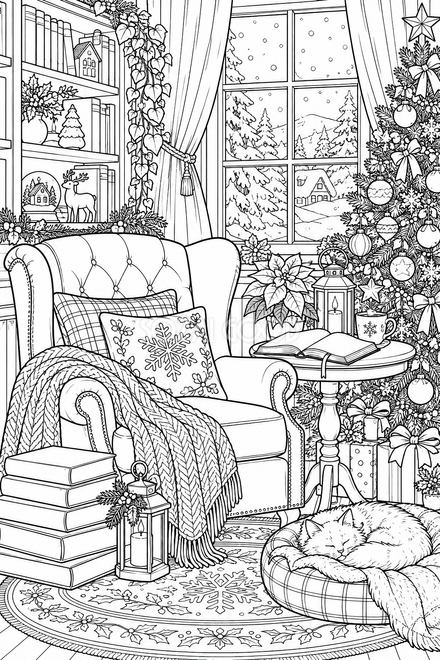 クリスマスの読書室の塗り絵 クリスマスの読書室の塗り絵