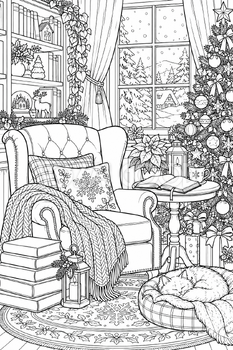 クリスマスの読書室｜クリスマス塗り絵の無料イラスト素材 112025