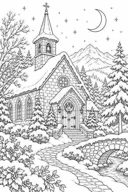 雪の教会と三日月の塗り絵 雪の教会と三日月の塗り絵