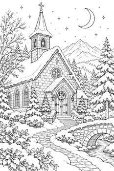 雪の教会と三日月｜クリスマス塗り絵の無料イラスト素材 112026