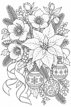 冬の花とオーナメント｜クリスマス塗り絵の無料イラスト素材 112027