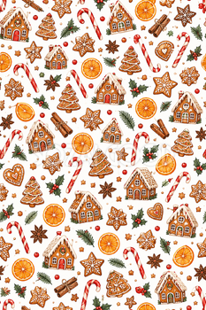 お菓子の家とクッキー柄の包装紙｜クリスマスの無料イラスト素材 112196