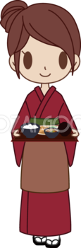 和食屋の女性が料理を運ぶ 無料イラスト