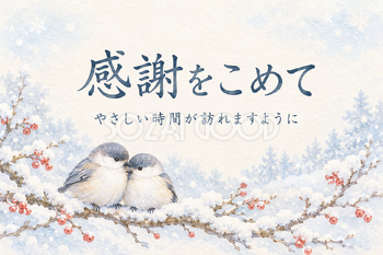 雪の枝と小鳥の「感謝をこめて」カード｜文字あり・文字なしの無料イラスト素材 112358