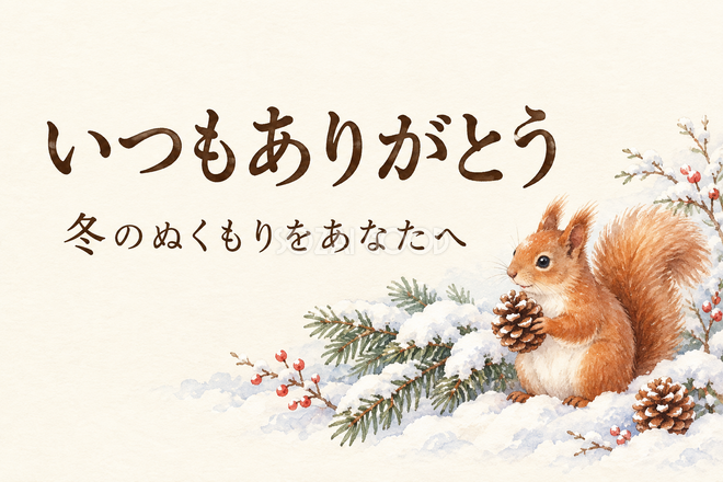 雪の森とリスのお礼カード 雪の森とリスのお礼カード