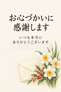 冬の草花と封筒の「お心づかいに感謝します」カード｜文字あり・文字なしの無料イラスト素材 112373