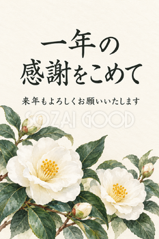 白椿と冬の葉の「一年の感謝をこめて」カード｜文字あり・文字なしの無料イラスト素材 112377