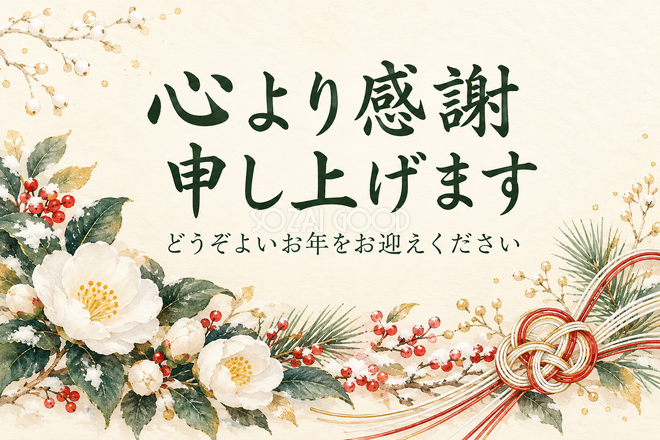 白い花と水引の結びのお礼カード