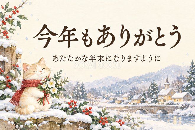 猫と小さな花束のお礼カード