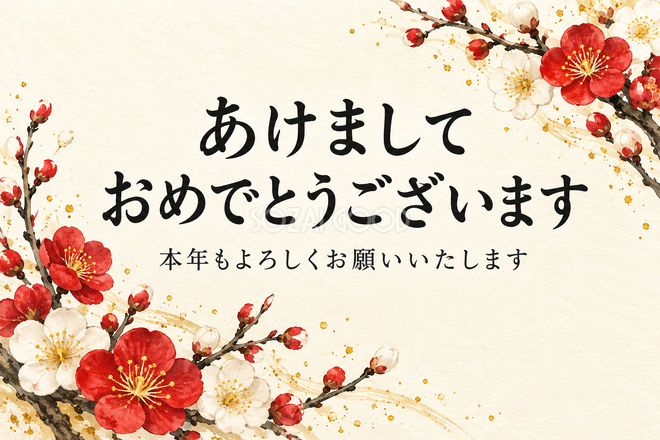 紅白の梅と金色の点のお礼カード 紅白の梅と金色の点のお礼カード