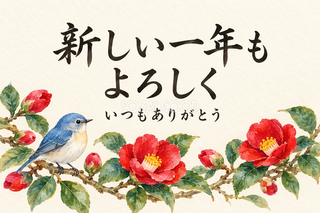 椿と青い小鳥のお礼カード