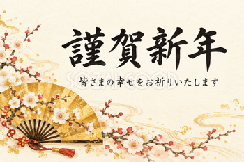 金の扇と白梅の「謹賀新年」カード｜文字あり・文字なしの無料イラスト素材 112402