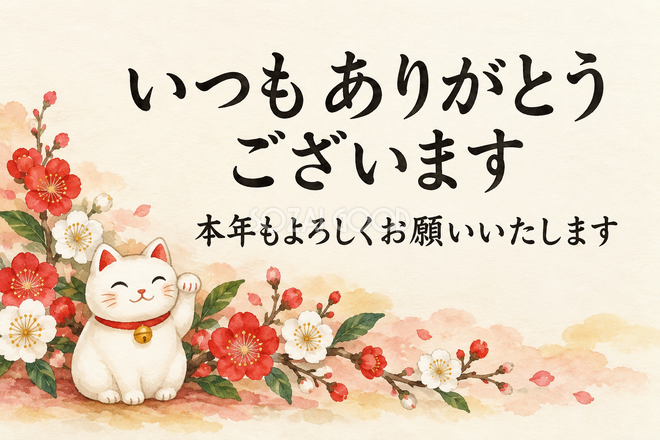招き猫と紅白の花のお礼カード 招き猫と紅白の花のお礼カード