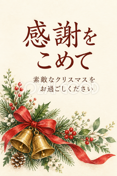 赤いリボンとベルの「感謝をこめて」カード｜文字あり・文字なしの無料イラスト素材 112419