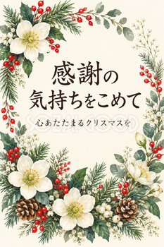 冬の花のクリスマスリースの「感謝の気持ちをこめて」カード｜文字あり・文字なしの無料イラスト素材 112425