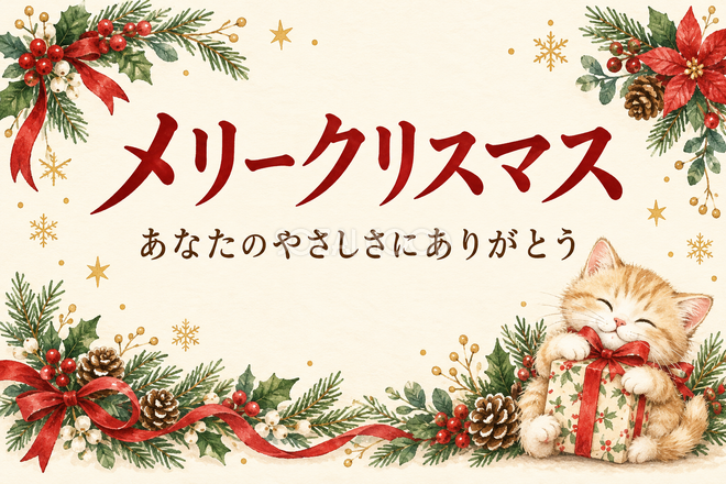 猫とクリスマスの包みのお礼カード 猫とクリスマスの包みのお礼カード