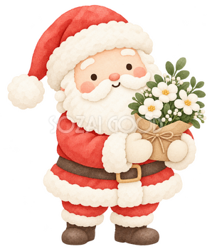花の贈り物を運ぶサンタ｜クリスマスの無料イラスト素材 112494