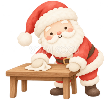 テーブルを拭くサンタ｜クリスマスの無料イラスト素材 112517
