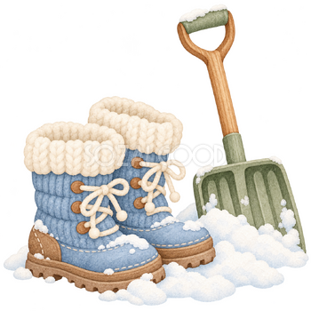 雪のブーツとスコップの挿絵｜冬のおたよりの無料イラスト素材 112560
