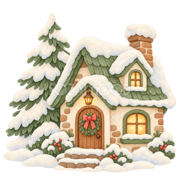 雪の木と小さな家の挿絵｜冬のおたよりの無料イラスト素材 112604