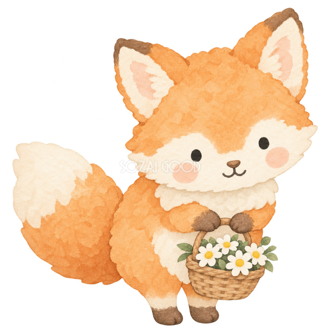 花かごを持ってお礼するきつね 花かごを持ってお礼するきつね