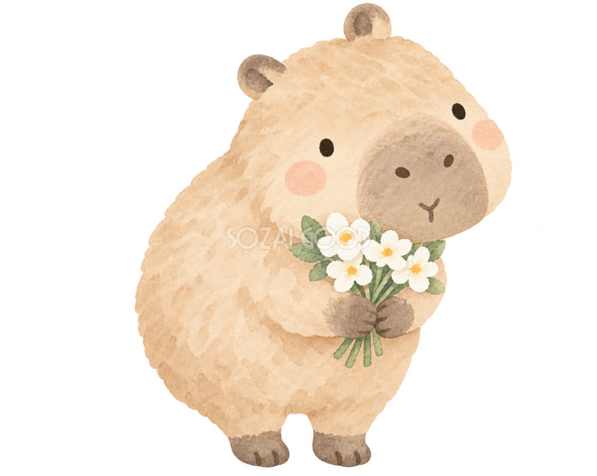 花束を抱えてお礼するカピバラ