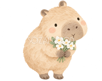 花束を抱えてお礼するカピバラ｜やさしい水彩の無料イラスト素材 112659