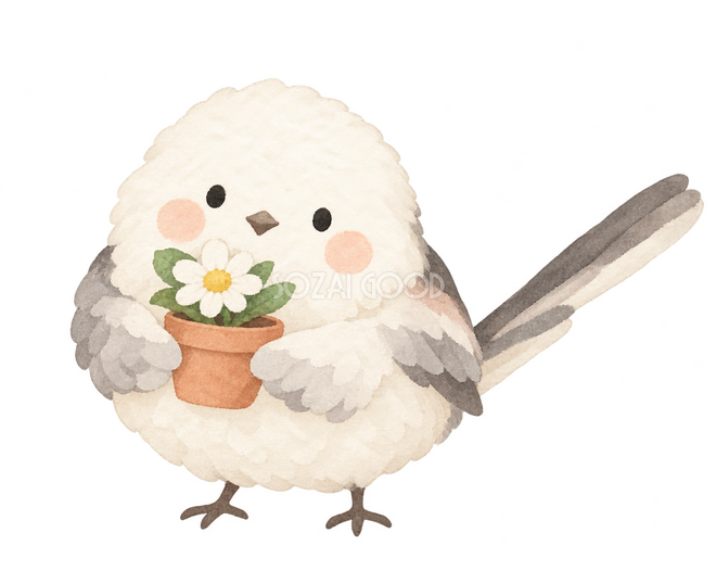 両手で花鉢を渡すシマエナガ