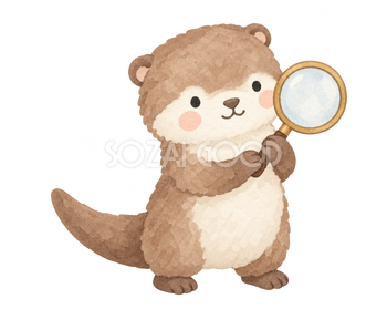 虫眼鏡で注目を促すカワウソ｜やさしい水彩の無料イラスト素材 112682