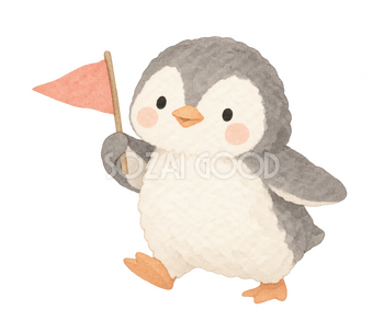 旗で左へ案内するペンギン｜やさしい水彩の無料イラスト素材 112687