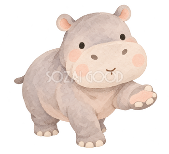 前へ招いて案内するカバ｜やさしい水彩の無料イラスト素材 112689