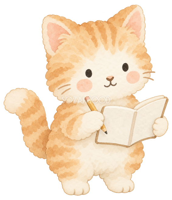 メモ帳を持って確認する猫 メモ帳を持って確認する猫