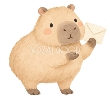 手紙を掲げて知らせるカピバラ｜やさしい水彩の無料イラスト素材 112701