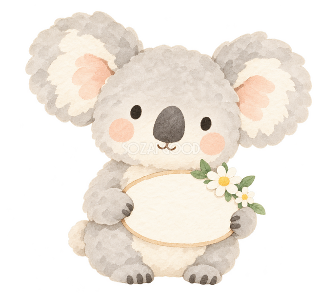 花の案内札を持つコアラ