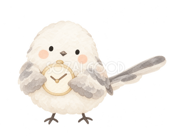時計で時間を知らせるシマエナガ｜やさしい水彩の無料イラスト素材 112709