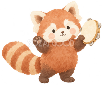 タンバリンで応援するレッサーパンダ｜やさしい水彩の無料イラスト素材 112726