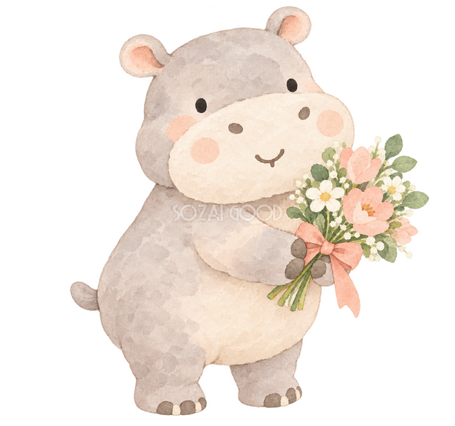 花束で健闘をたたえるカバ